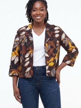Ruby Rd. Floral Print Cropped Blazer in Black, Yellow, White & Rust - Size 14